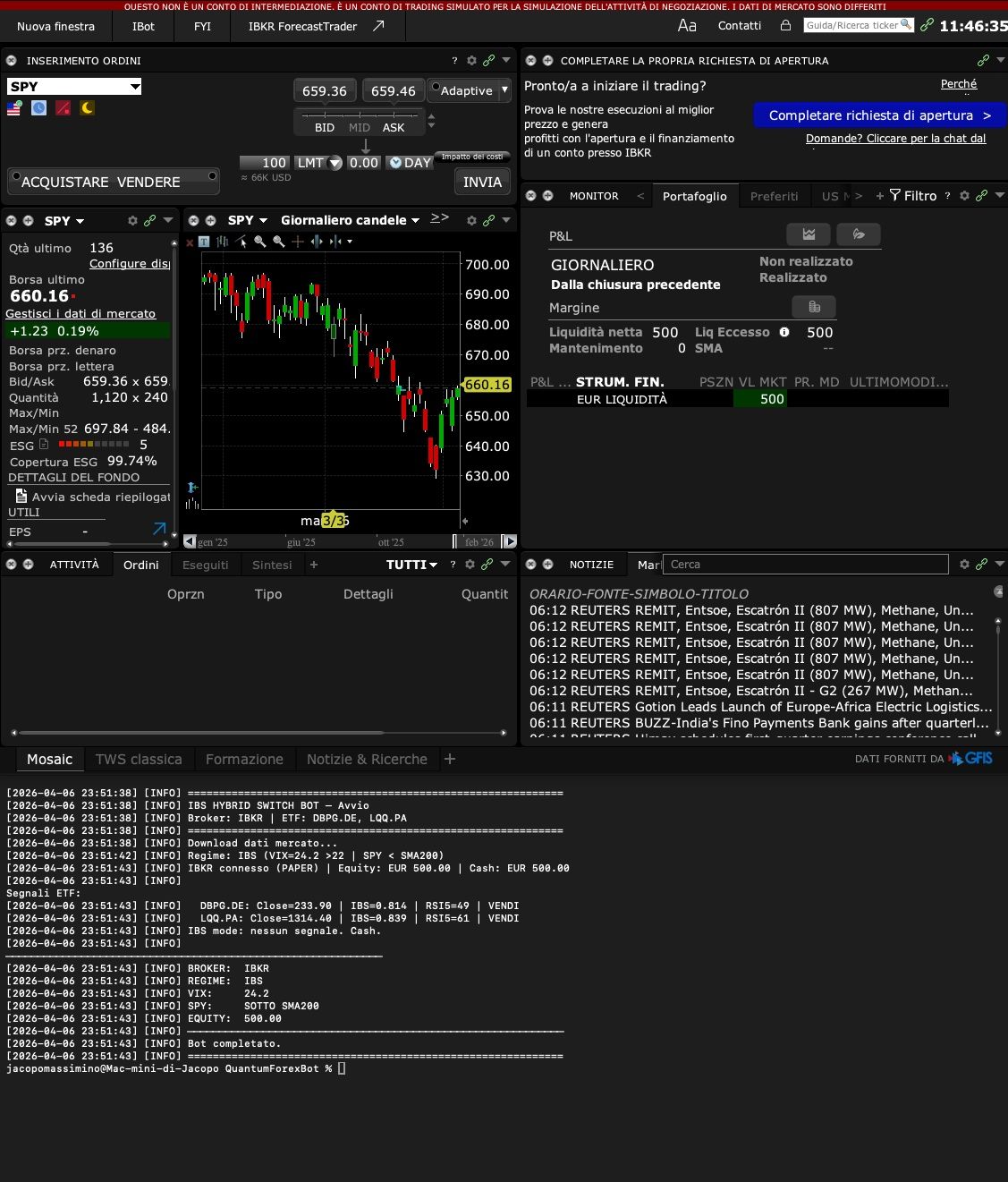 IBS Hybrid Switch trading bot — live execution console on Interactive Brokers showing regime classification, IBS signals and order routing